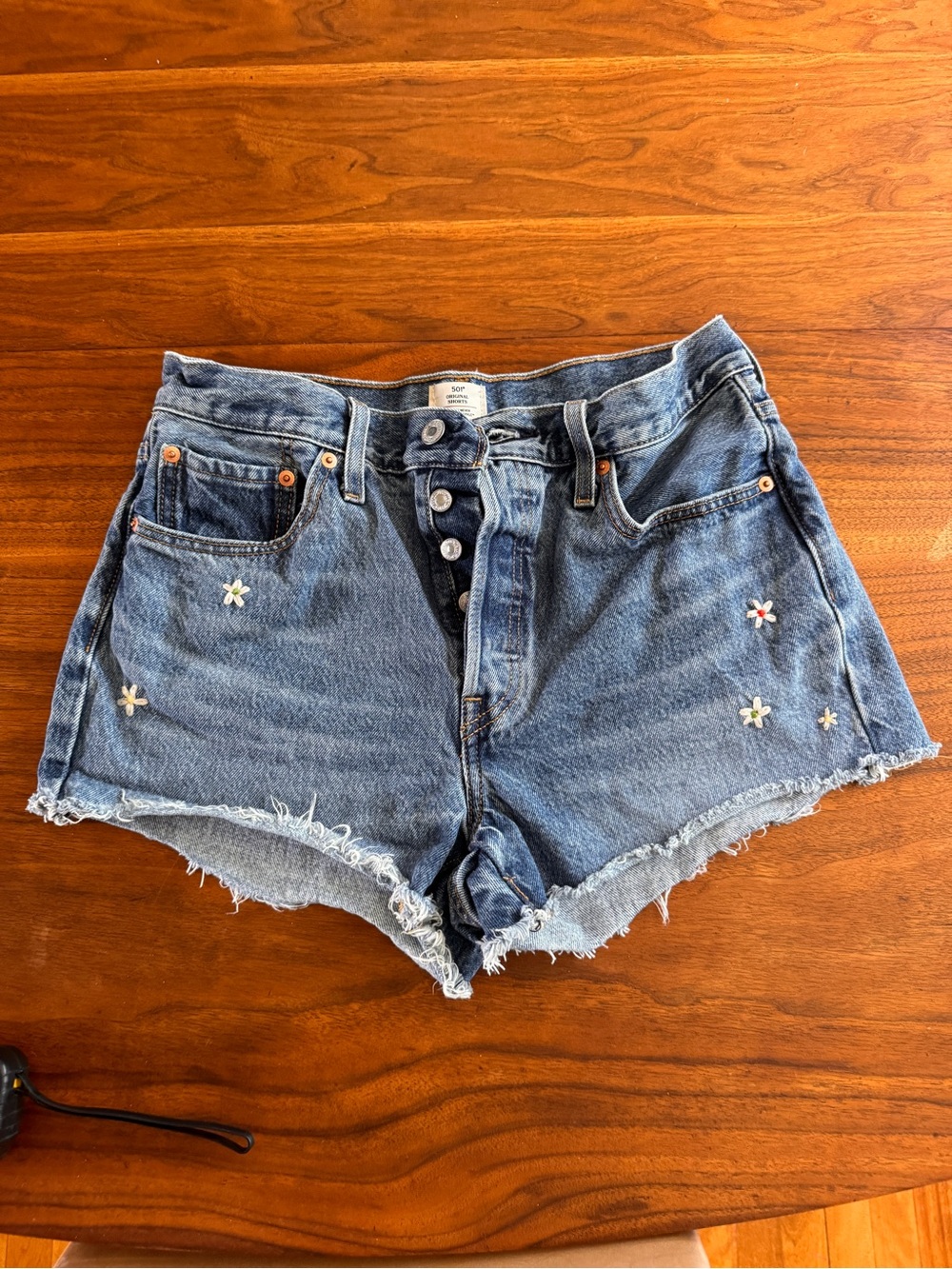 Levi's Blue Denim Jean Cutoff Shorts with Floral Embroidery
